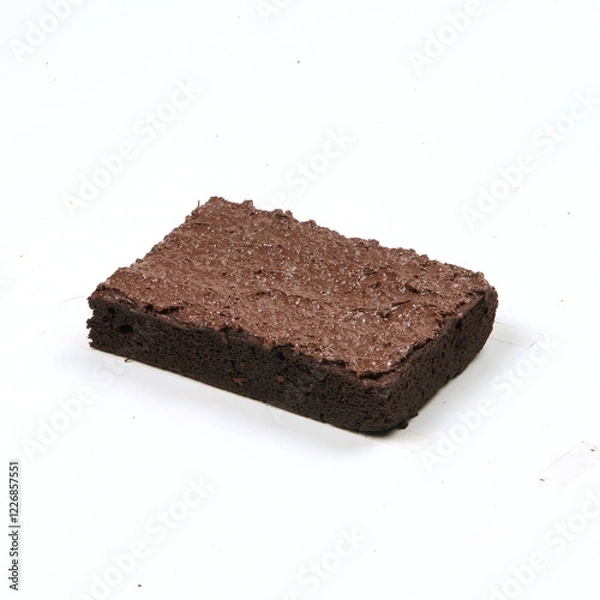 Fototapeta A moist chocolate brownie topped with smooth chocolate frosting sits elegantly on a plain surface, ideal for dessert enjoyment