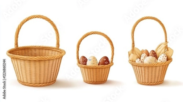 Fototapeta Three woven baskets with colorful Easter eggs. Springtime holiday decorations.