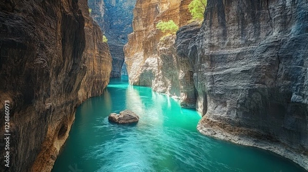 Fototapeta A turquoise river cutting through a deep canyon, surrounded by towering cliffs