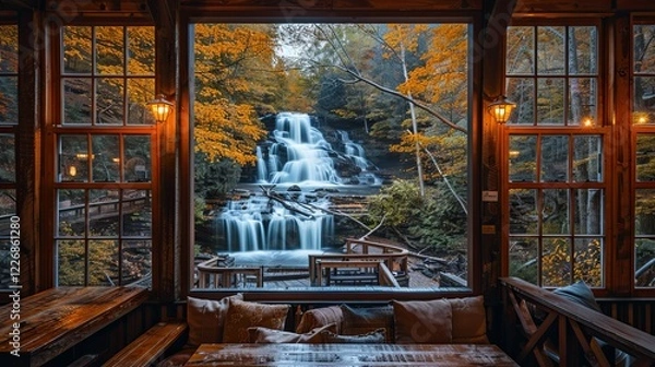 Fototapeta Autumn Waterfall View From Cozy Cabin Window
