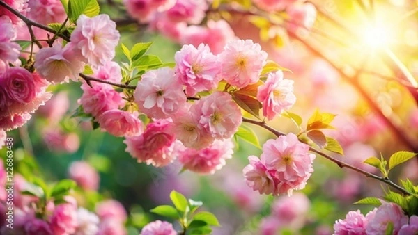 Fototapeta Delicate tender pink blossoms in a lush garden setting with soft sunlight filtering through leaves , blossoms, fresh flowers