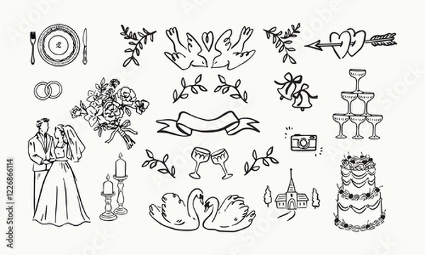 Obraz Various whimsical wedding elements. Hand drawn vector illustration. All elements are isolated.