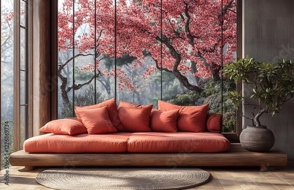 Obraz Cozy modern spring interior of a bright studio living room with a sofa and cherry blossom branches in chalet with cherry blossom trees outside the window
