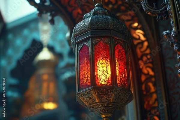 Obraz A red lantern with intricate metalwork, lit and providing warm illumination in a Middle Eastern setting.