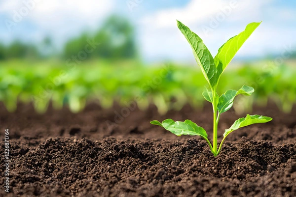 Fototapeta Green small sprout in a pile of soil. Seedling, growing from the soil
