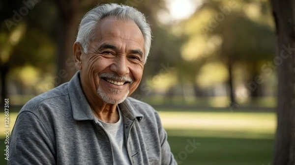 Fototapeta elderly hispanic male in gray casual wear on a park background model portrait smiling for ad concept space for text