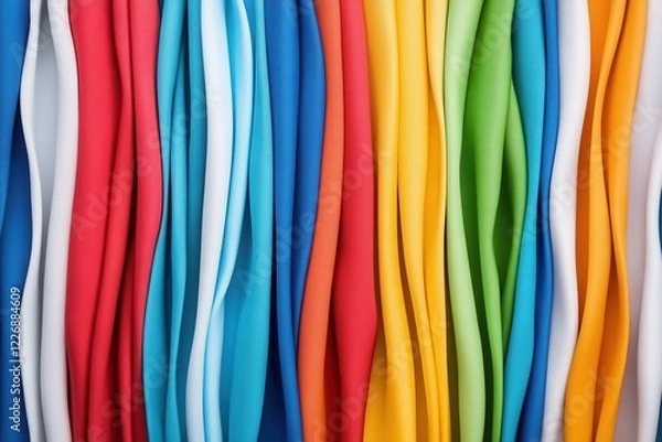 Obraz A vibrant display of colorful, wavy fabric strips in various shades, creating a dynamic and visually appealing texture.