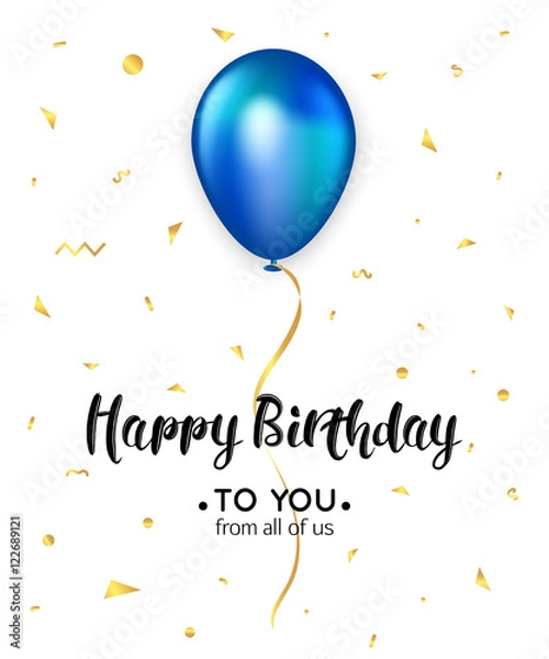 Fototapeta Birthday card template with blue balloon, confetti and ribbon. Holiday background. Vector eps 10 format.