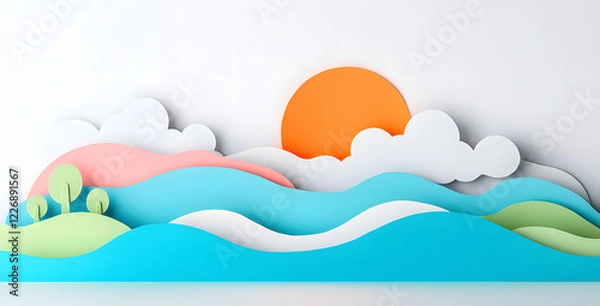 Fototapeta Landscape with mountains and sea waves in paper cut style