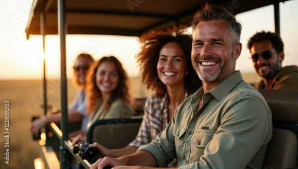 Obraz People are enjoying safari ride on open field