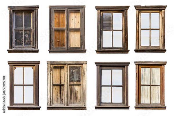 Fototapeta Vintage Wooden Windows Arranged in a Grid Pattern Showcasing Various Textures and Colors on a Transparent Background