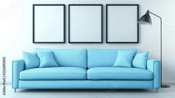 Obraz Bright Modern Living Room with Stylish Blue Couch and Empty Frames