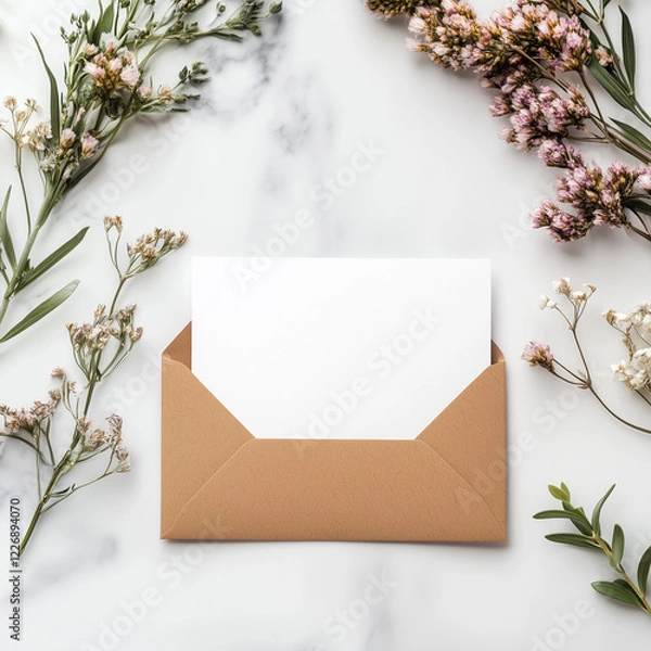 Fototapeta blank white card and kraft envelope, perfect for invitations and greetings.