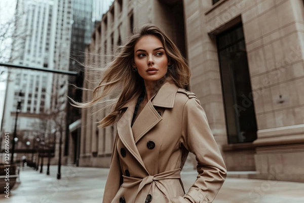 Obraz Confident woman in beige trench coat walking in an urban setting, showcasing timeless style and elegance, perfect for seasonal fashion inspiration and modern streetwear trends.