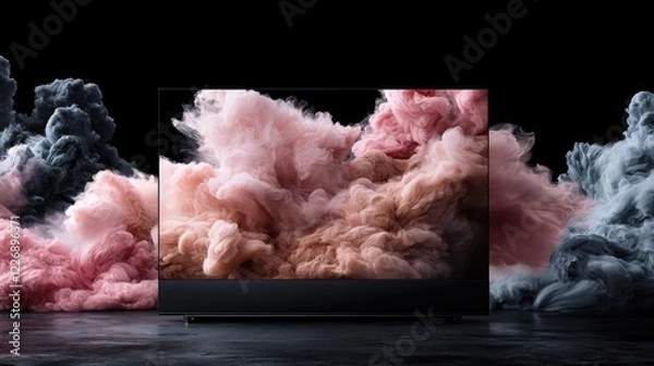 Fototapeta Pink and grey smoke on screen display.  Technology product showcase