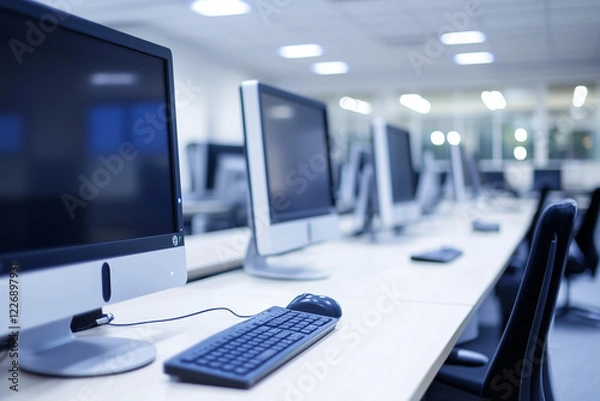 Fototapeta Modern computer lab with multiple workstations in a bright, professional setting. Perfect for technology, education, IT services, and workplace productivity themes. Ideal for business and tech visuals