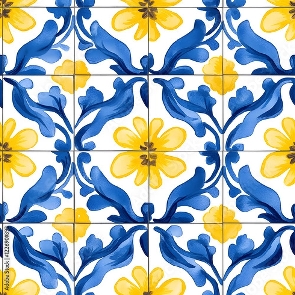 Fototapeta Blue and yellow tile hand drawn watercolor seamless pattern. Pattern of azulejos tiles