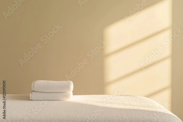 Obraz high quality stock photo of bright uncluttered spa room featuring single white towel neatly folded on massage table