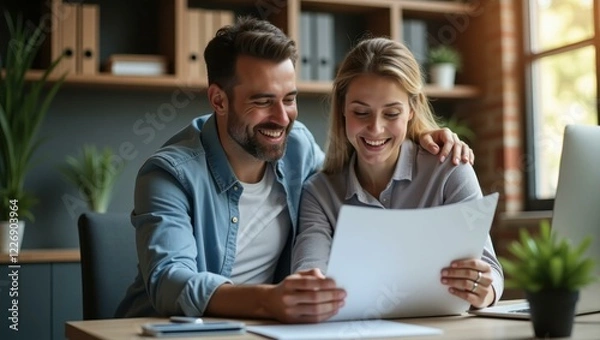 Obraz Man and woman are looking at paper while sitting at desk