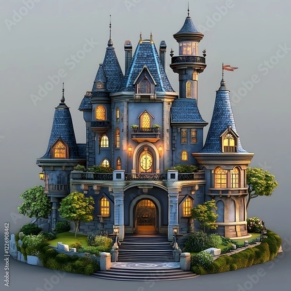 Obraz Beautiful and magnificent 3D cartoon palace, on a white background, generative AI