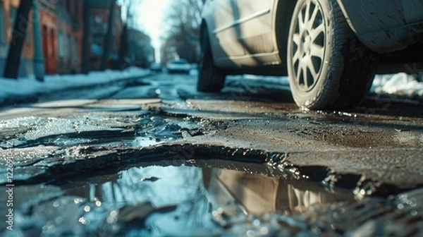 Fototapeta Close up of potholes holes on the road, broken tarmac, bad roads concept