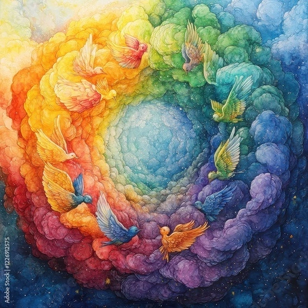 Fototapeta Colorful Swirling Clouds with Birds in a Fantasy Landscape Art