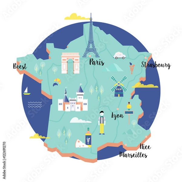 Fototapeta Wektorowa mapa Francji w stylu retro z popularnymi zabytkami.