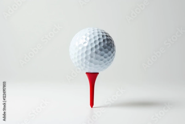 Obraz A golf ball on a red tee stand on a white surface.