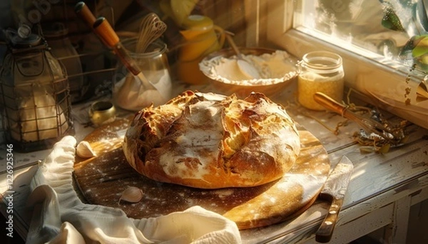 Fototapeta Un pane rustico appena sfornato su un tagliere di legno, circondato da farina e un coltello da cucina, con la calda luce dell'alba che entra da una finestra