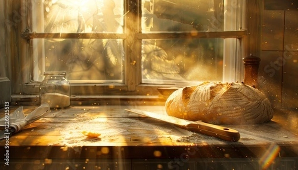 Obraz Un pane rustico appena sfornato su un tagliere di legno, circondato da farina e un coltello da cucina, con la calda luce dell'alba che entra da una finestra