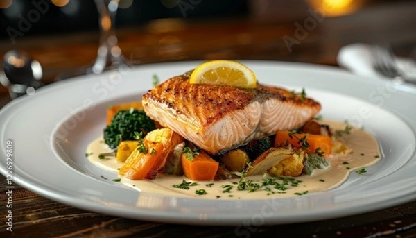 Fototapeta Un filetto di salmone alla griglia su un letto di verdure arrostite, guarnito con uno spicchio di limone e una salsa cremosa