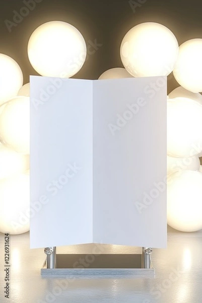 Fototapeta mockup blank white 3d tri-fold brochure placed open on sleek chrome stand surrounded by diffused lighting