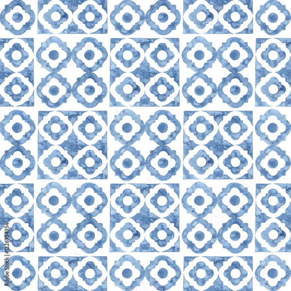 Fototapeta Tile seamless watercolor pattern. Blue and white patchwork style ornament. Hand made paint on paper. Print for textiles.