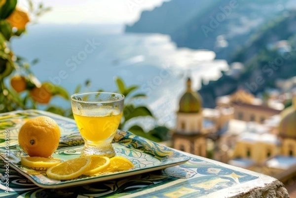 Fototapeta Un bicchiere di limoncello servito su un vassoio di ceramica dipinto a mano, con accanto delle scorze di limone. Sullo sfondo, una vista della Costiera Amalfitana, con le case color pastello e il mare