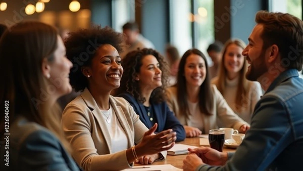 Obraz People are sitting at table talking and having conversation