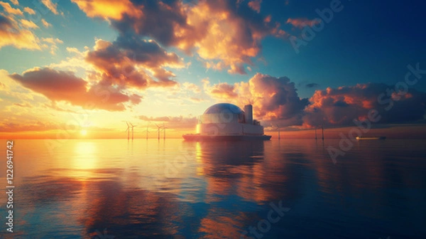 Fototapeta Futuristic Floating Power Plant at Sunset Generative AI