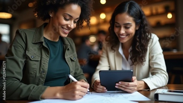 Obraz Two women are sitting at table with tablet and pen