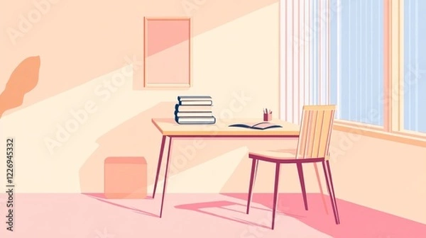 Fototapeta A minimalist home office with a single desk, a chair, and a small stack of books. picture