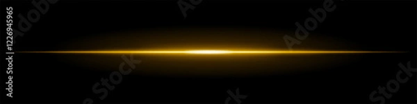 Fototapeta Horizontal light flare on a black background. Glowing yellow beam with soft gradient effect, futuristic energy, lens reflection, cinematic glow.