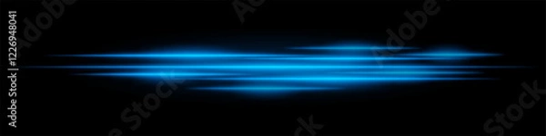 Fototapeta Realistic Blue light streaks with motion blur on a black background. Futuristic energy beams, speed effect, neon glow, sci-fi cyber design.