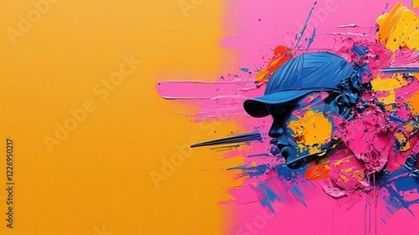 Fototapeta A vibrant artistic composition featuring a figure in a blue cap, surrounded by splashes of pink, yellow, and orange paint, creating a dynamic visual effect.