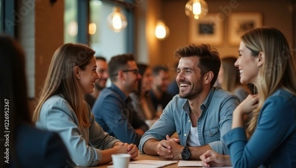 Obraz People are sitting at table talking and having conversation