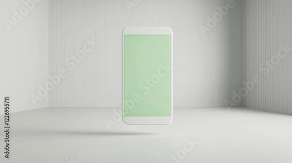 Obraz mockup blank white 3d smartphone floating with green screen in bright spacious setting