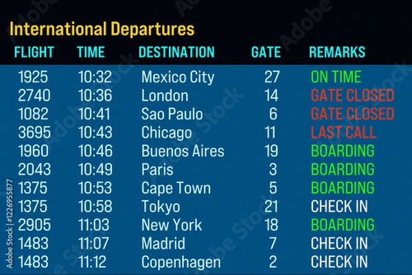 Fototapeta Arrival departure board. Flights check in, baording, last call,gate closed. Airport, travel information, tourism, business, device screen, travel destianation. 3D illustration