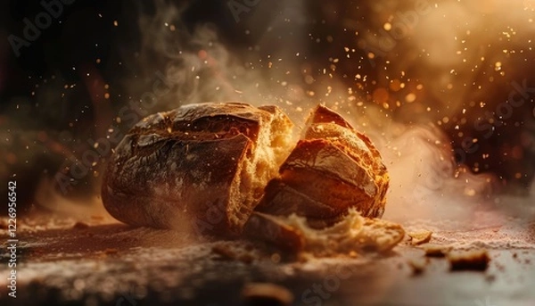 Fototapeta Primo piano di una pagnotta di pane appena sfornata, rotta a metà. Un'atmosfera che evoca la freschezza e la genuinità del pane artigianale fatto in casa