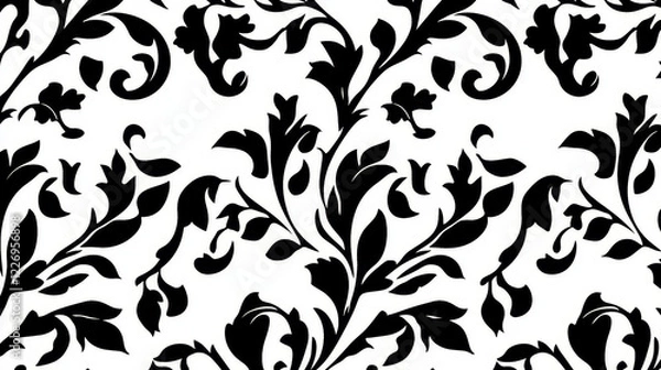 Fototapeta Black and white arabesque design with scrolls and leaves in a bold motif arranged in a seamless background pattern in square format