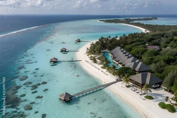 Obraz Aerial view of tropical island paradise with bungalows beach and turquoise water ai generated