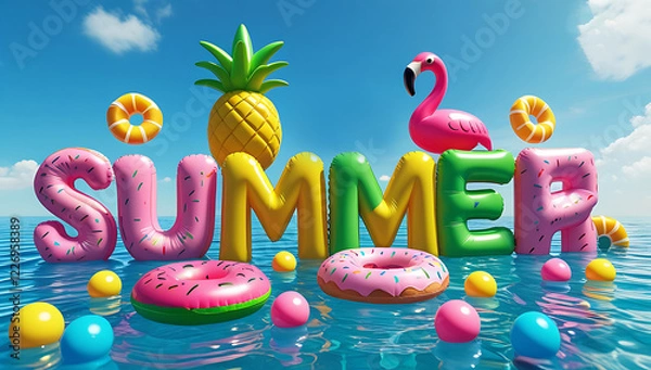 Fototapeta summer 3d text inflated lettering design with summer elements. 3d swim pool party background. 3d cute cartoon summer pool floats