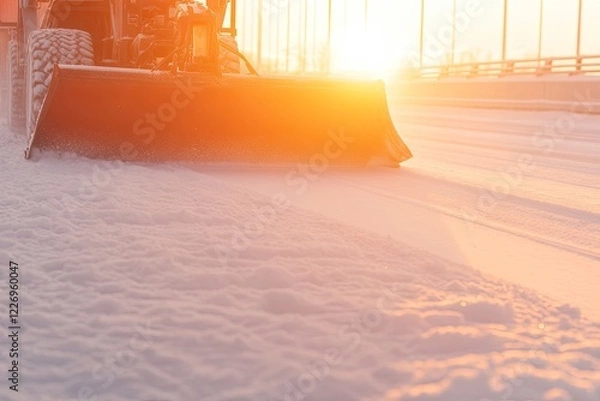 Obraz close-up of snow removal vehicle with front plow attachment clearing snow on bridge during sunset