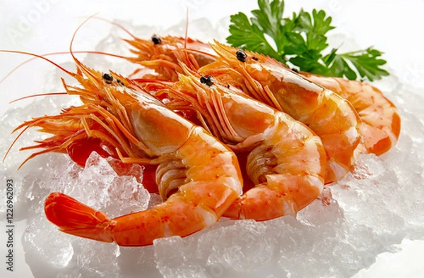 Fototapeta Fresh shrimp on ice displayed at a fish market, captured by a wide-angle lens and natural light